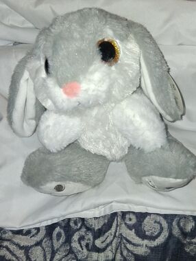 NLEIO Gray and White Plush Bunny with Pink Nose